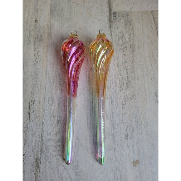 Iridescent long glass pink yellow Twisted ornament Xmas set - Picture 1 of 8
